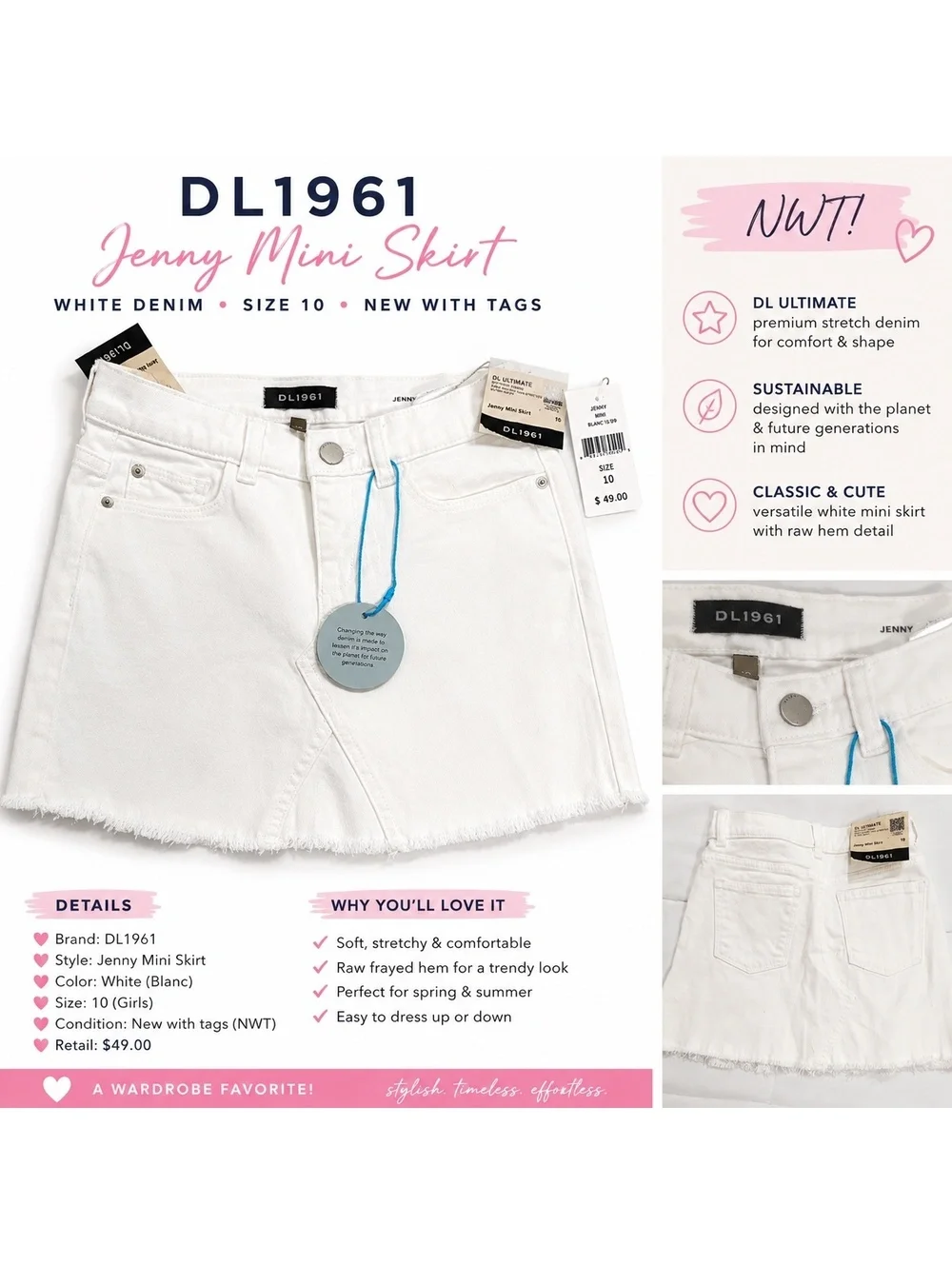 DL1961 Jenny Girls White Denim Mini Skirt Size 10 NWT Raw Frayed Hem